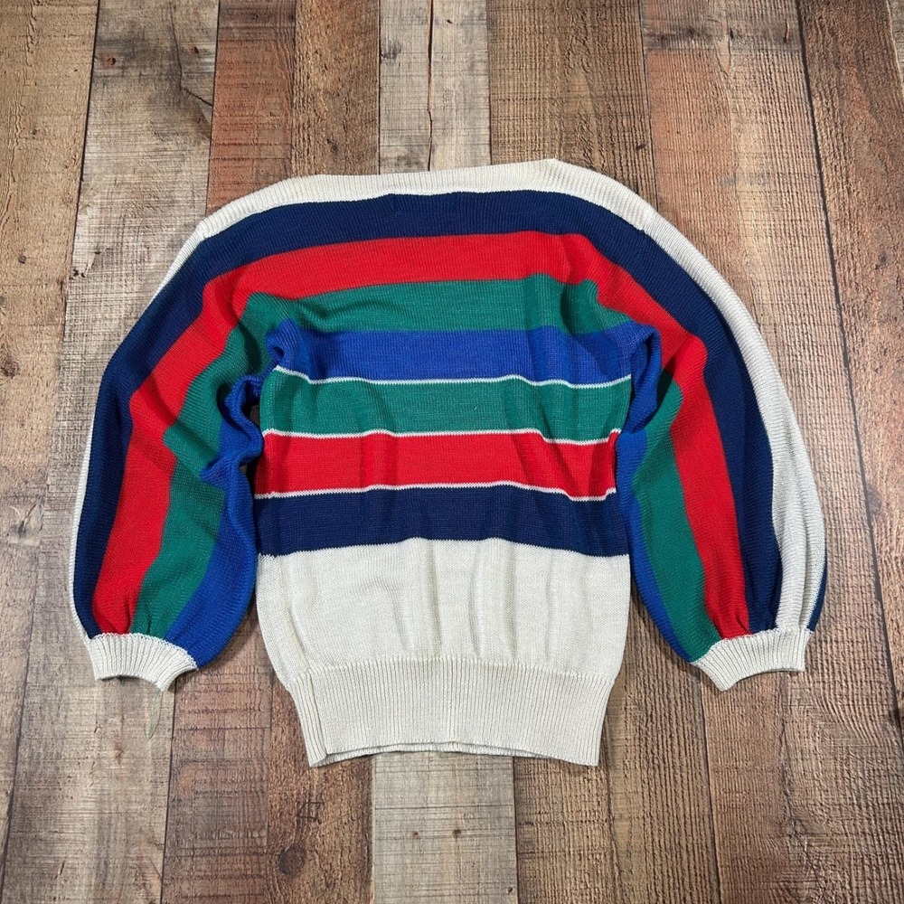 Vintage Via LA Sweater Small Striped Colorblock Boat Neck 80s Made Taiwan - Picture 6 of 6